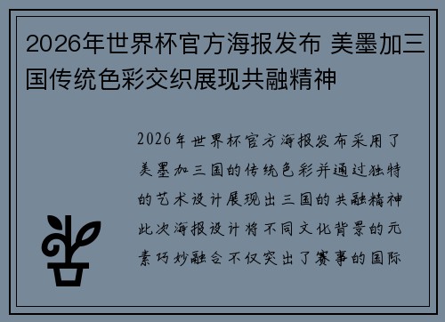 2026年世界杯官方海报发布 美墨加三国传统色彩交织展现共融精神 2026年世界杯官方海报发布 美墨加三国传统色彩交织展现共融精神